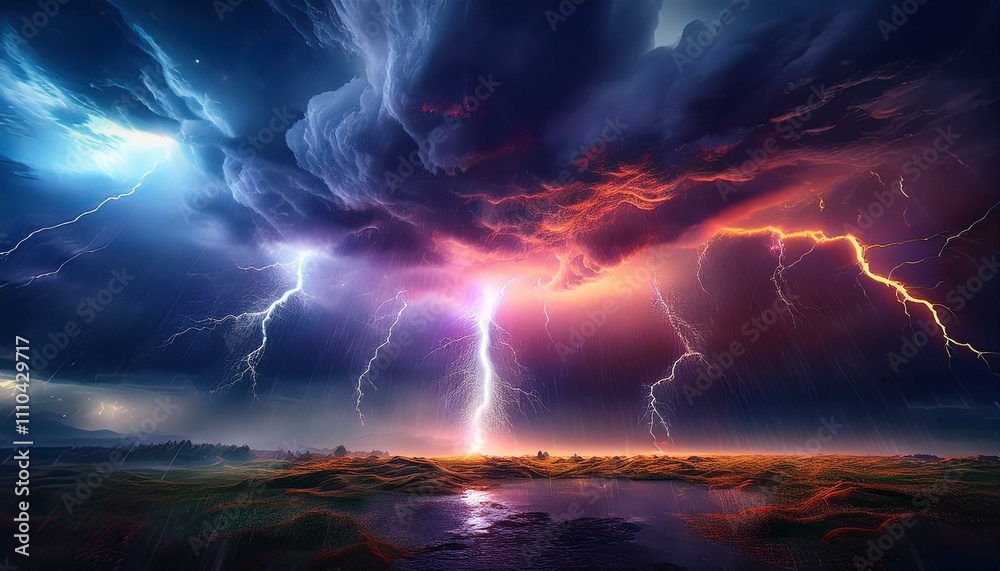 Lightning flashes, illuminating the night sky. Lightning flashes, illuminating the night sky.
