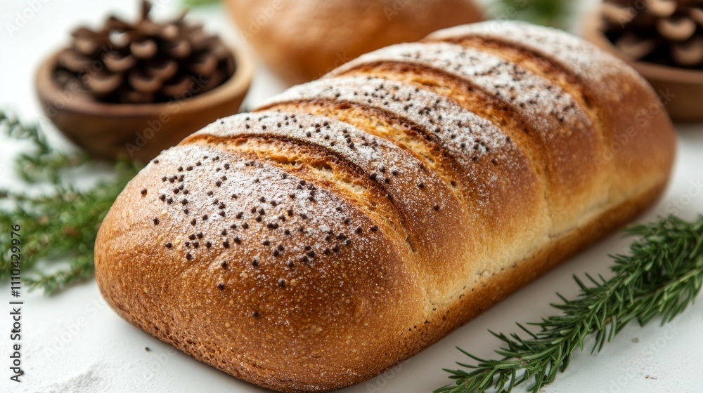 Loaf of Christmas Bread with Sugar Dusting Mockup. Generative AI Loaf of Christmas Bread with Sugar Dusting Mockup. Generative AI