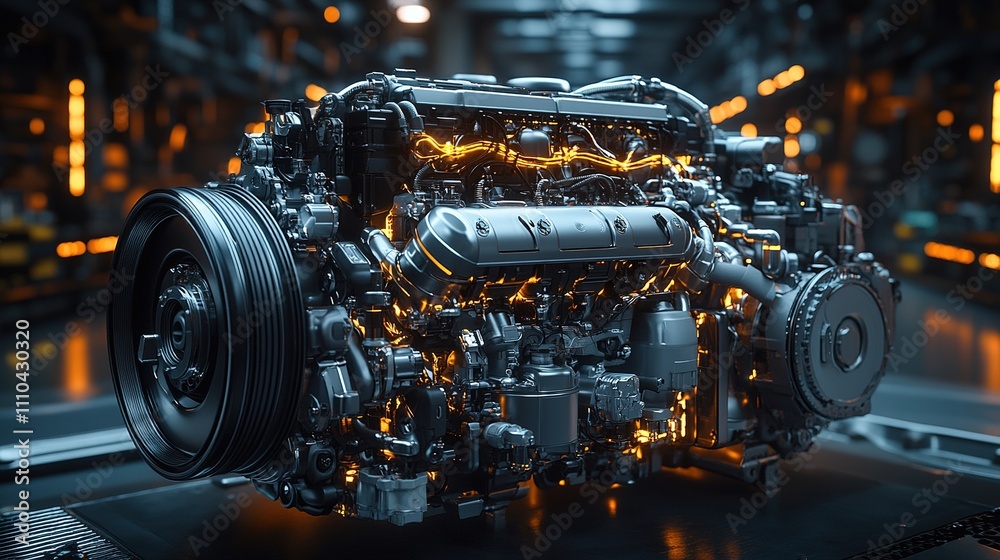 automotive in the engine room of a contemporary new car, engine showing all components. black background of sparks automotive in the engine room of a contemporary new car, engine showing all components. black background of sparks