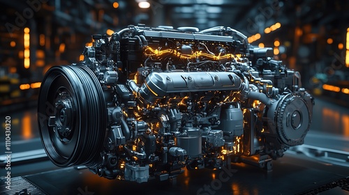 automotive in the engine room of a contemporary new car, engine showing all components. black background of sparks