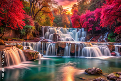 stunning waterfall cascades through vibrant autumn foliage, creating serene landscape. colorful leaves reflect beautifully in tranquil waters below, enhancing peaceful atmosphere
