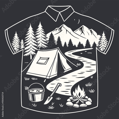 Adobe Illustrator Artwork, a sign for a camping tent and a mountain with mountains in the background.