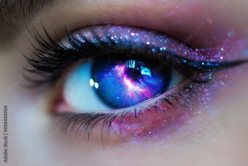 A surreal depiction of an eye with a galaxy swirling within its iris. A surreal depiction of an eye with a galaxy swirling within its iris.