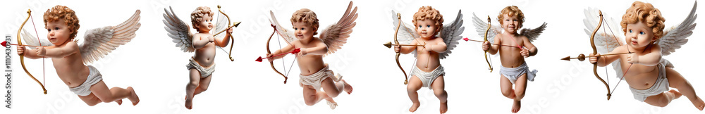 Fototapeta premium Charming Angelic Baby Cherubs with Wings and Bow, Adorable and Playful Poses, Perfect for Celebrating Love and Innocence in Whimsical Illustrations and Designs
