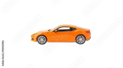 Bright Orange Sports Car Toy Model Side View Isolated on White Background