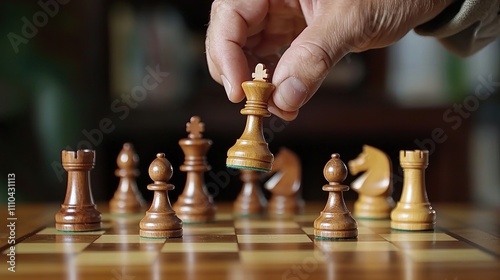 A hand moving a chess piece on a wooden chessboard, with a blurred background of a strategic game