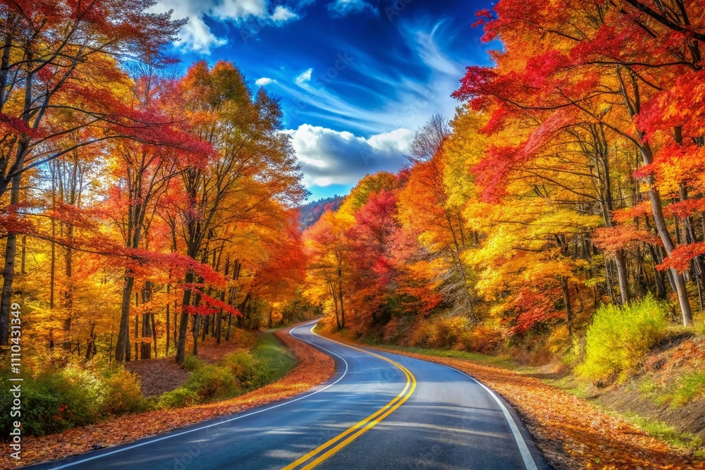 Fototapeta premium Vibrant Autumn Colors Along a Serene Road: A Captivating Landscape of Nature's Beauty with Lush Forests and Crisp Leaves Perfect for Travel and Outdoor Enthusiasts