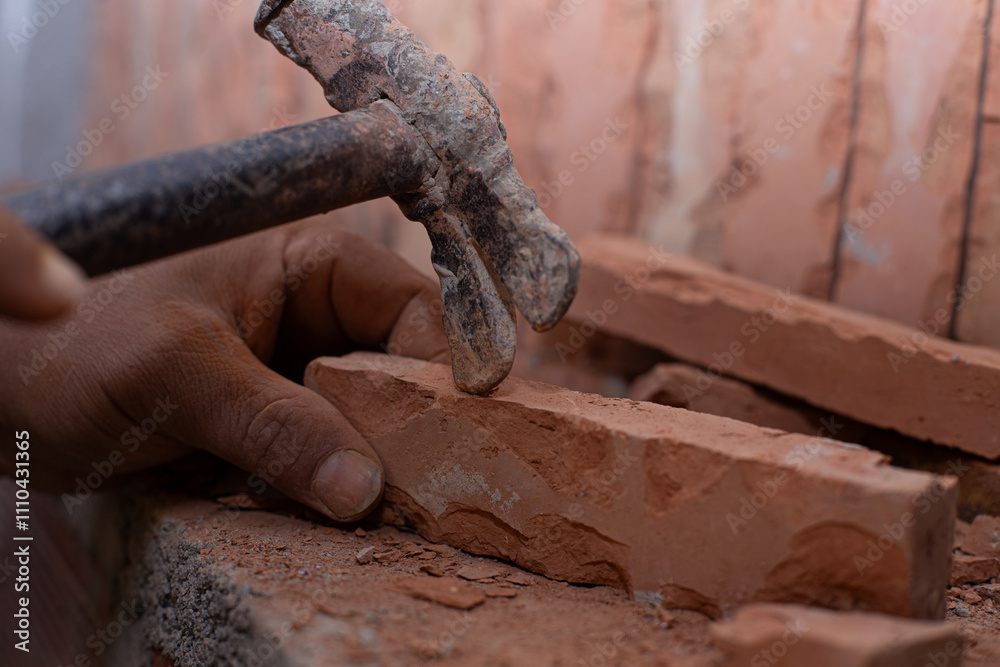A focused construction worker shaping a brick with a weathered hammer in a dusty environment.