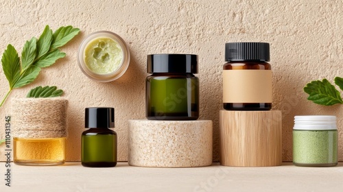 A collection of natural skincare products arranged on wooden podiums with earthy textures and neutral colors