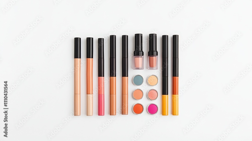 Obraz premium Colorful Makeup Collection with Lipsticks and Eye Shadows on White Background