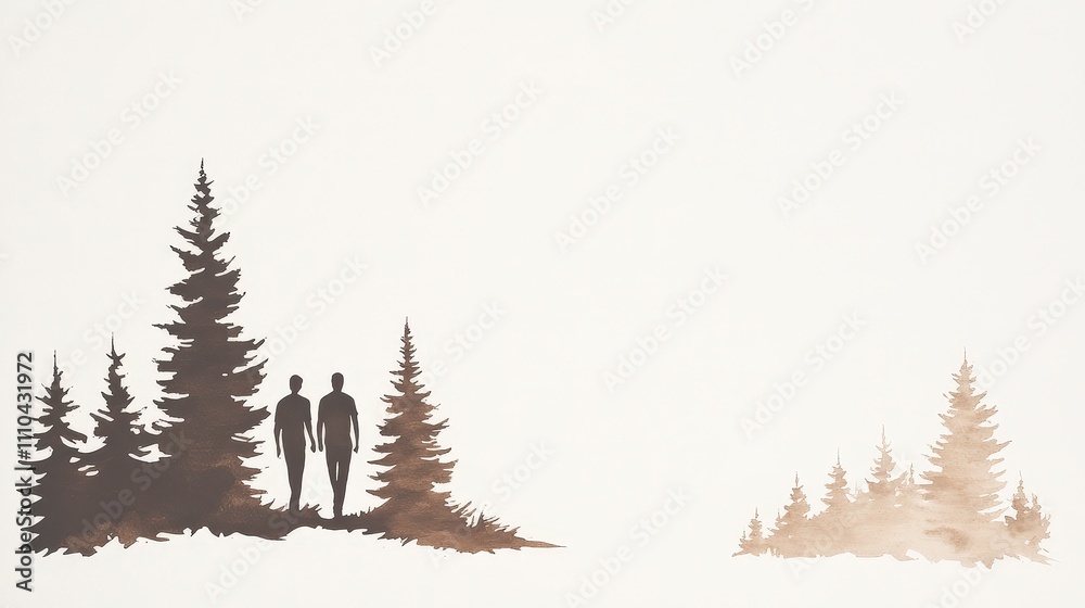 Fototapeta premium Silhouette of Two People Walking Among Tall Pine Trees