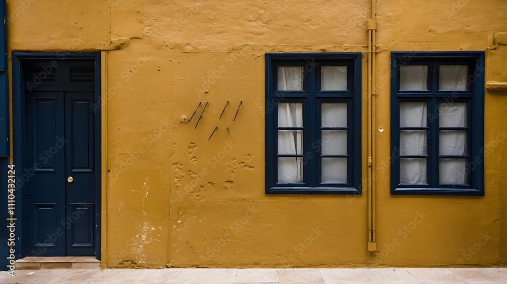 Mustard yellow wall with navy blue accents and vintage feel Mustard yellow wall with navy blue accents and vintage feel