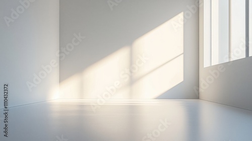A minimalist interior space with soft shadows cast by sunlight through windows, creating a serene and inviting atmosphere.