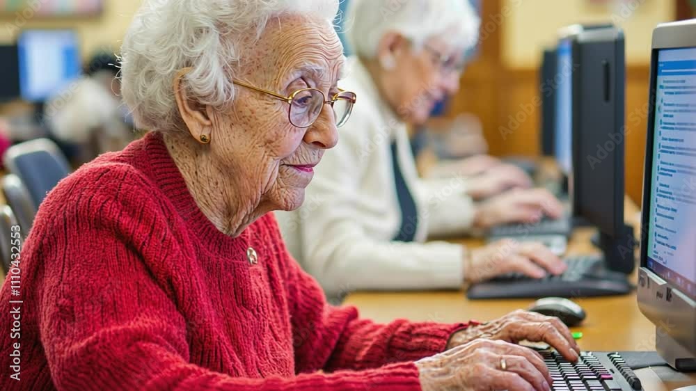 Elderly woman using computer in library or classroom