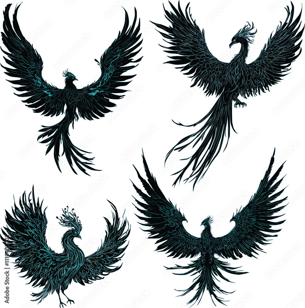 Fototapeta premium set of four blue phoenixes isolated on white
