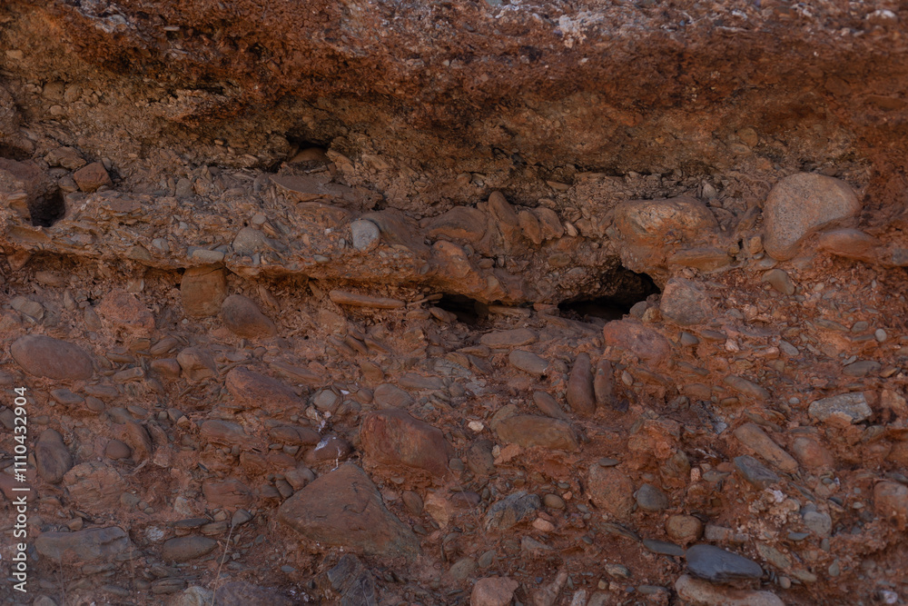 Detailed view of rugged sedimentary formations in a desert area south of Marrakech, Morocco.