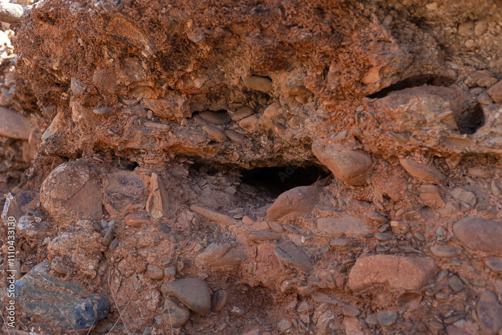 Close-up of sedimentary strata in the Moroccan landscape, south of Marrakech.