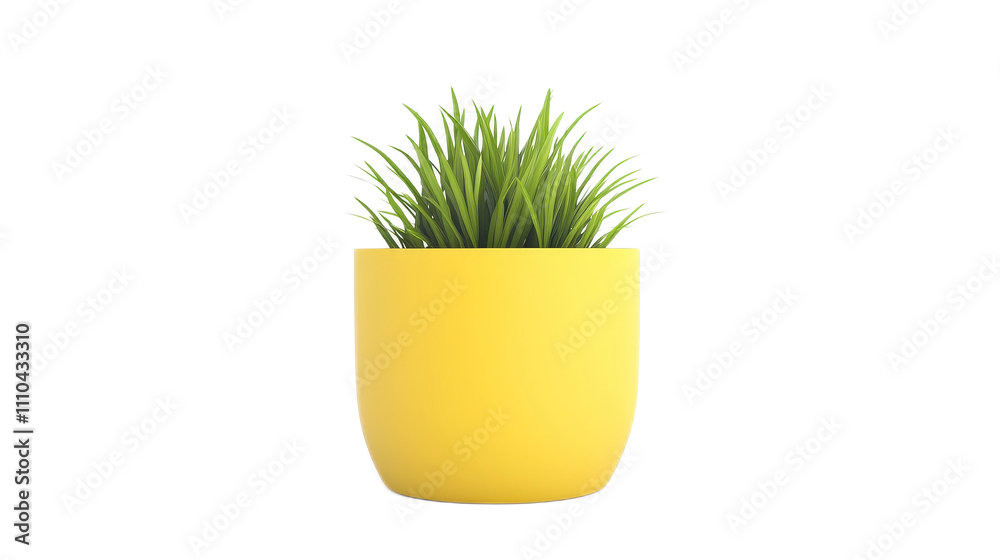 Bright Yellow Pot with Lush Green Grass Indoor Plant Decoration