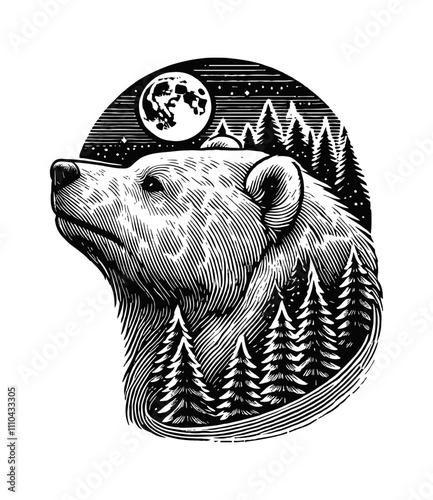 bear double exposure silhouette forest tree engraving black and white outline