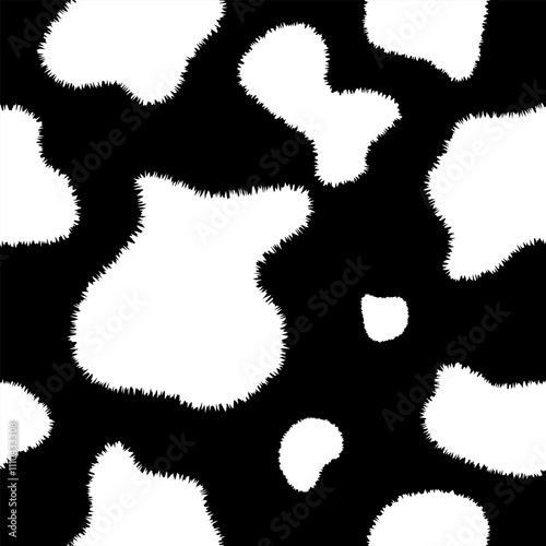 Texture spot, fluffy skin black white cow. Trendy animalistic seamless pattern for fashion, packaging, fabric and more.