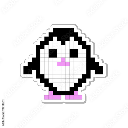 Pixel art sticker for print on different product, social media communication. Cute penguin isolated vector illustration on white background. photo