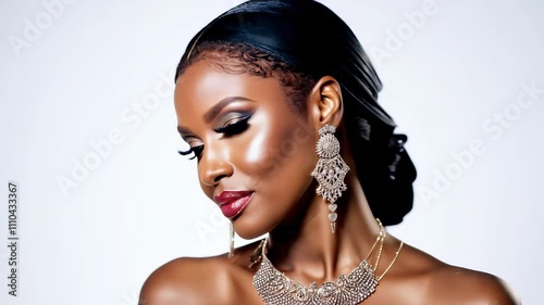 Beautiful African American woman dressed in luxurious evening gown and exquisite jewelry, posing gracefully, isolated on white background. Concept of elegance, beauty, luxury, high fashion, glamour