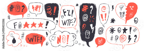 Negative emotion. Speech bubbles with swear words. Curse comic crayon doodle text. Bad expression on chat dialog boxes. Aggressive rude swearwords isolated on white background. Vector illustration