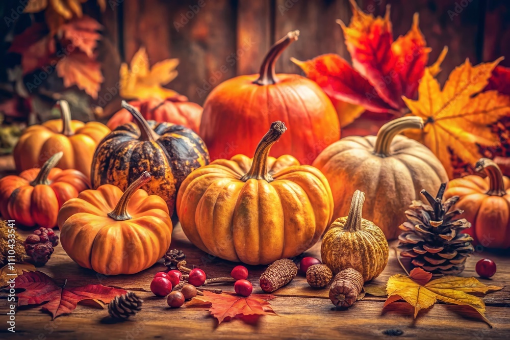 Vibrant Fall Scene Featuring Pumpkins and Colorful Leaves for Thanksgiving Celebrations, Capturing the Essence of Autumn with Rich Textures and Warm Tones in a Vintage Style Vibrant Fall Scene Featuring Pumpkins and Colorful Leaves for Thanksgiving Celebrations, Capturing the Essence of Autumn with Rich Textures and Warm Tones in a Vintage Style