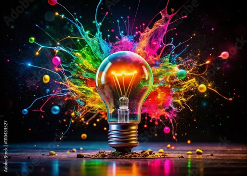 Vibrant Explosion of Colorful Paint Surrounding a Glowing Lightbulb in Night Photography, Capturing the Energy of Creativity and Imagination in a Darkened Setting photo