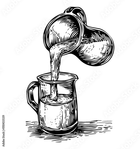 water jug pour glass engraving black and white outline