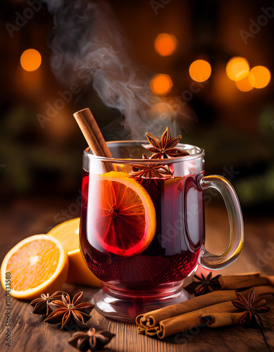 A warm mug of mulled wine with spices and citrus, perfect for festive celebrations and joyful gatherings photo