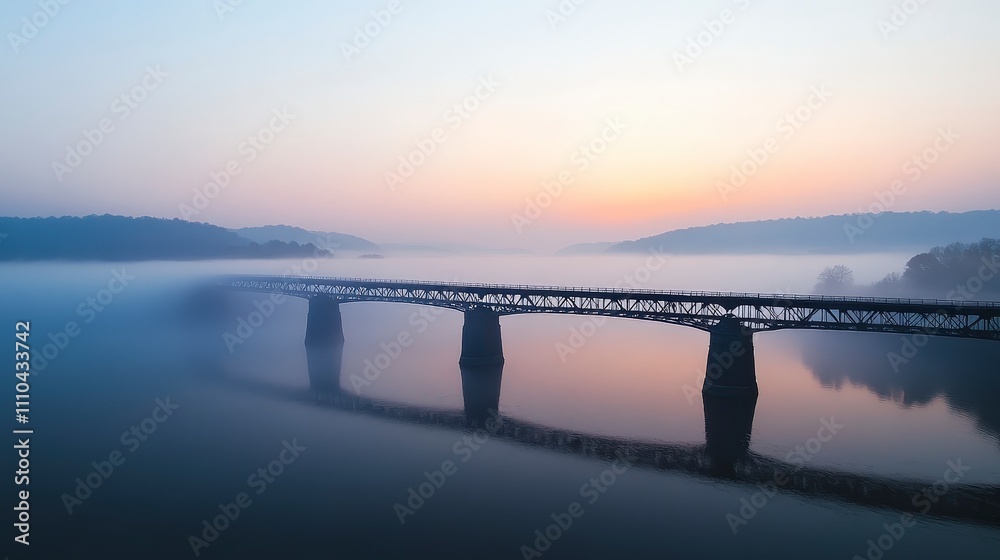 Misty Sunrise Over Tranquil River and Historic Bridge Landscape Misty Sunrise Over Tranquil River and Historic Bridge Landscape