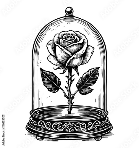 rose encased in a glass dome engraving black and white outline