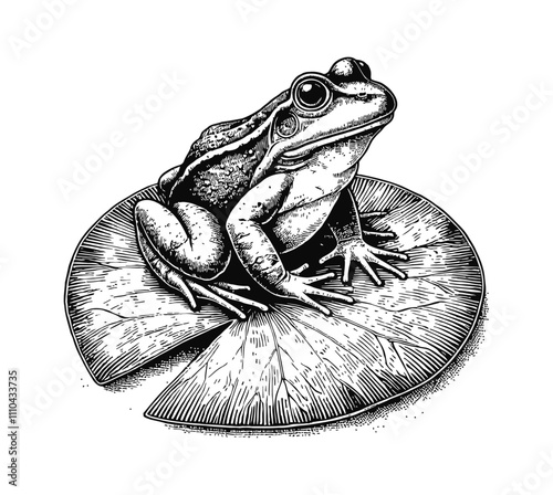frog sitting leaf engraving black and white outline