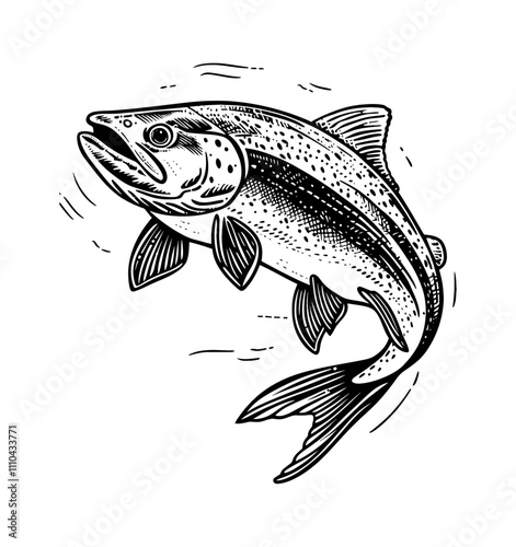 rainbow trout fish engraving black and white outline