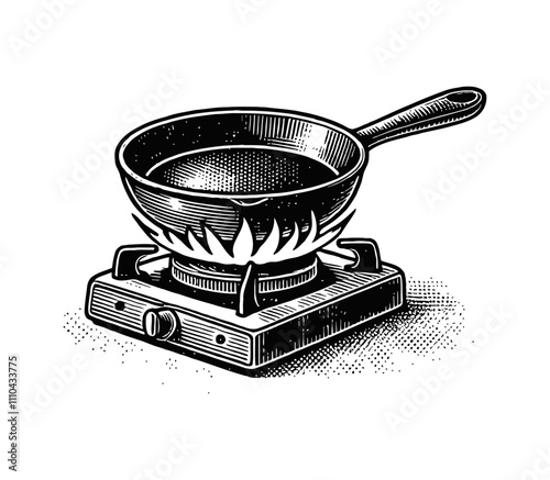 frying pan and stove with steam engraving black and white outline