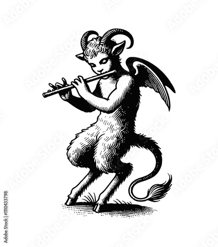 young mythical satyr playing the flute engraving black and white outline