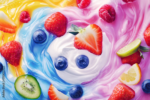 Vibrant Swirl of Creamy Yogurt Topped with Fresh Fruits, Including Berries, Kiwis, and Citrus, Highlighting Sweetness and Freshness in a Dynamic Composition photo