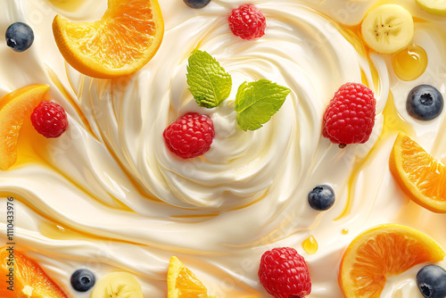 Vibrant Swirl of Creamy Yogurt Topped with Fresh Fruits, Including Berries, Kiwis, and Citrus, Highlighting Sweetness and Freshness in a Dynamic Composition photo