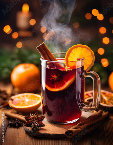 Enjoy cozy mulled wine with citrus slices and spices, the ideal drink for festive winter gatherings