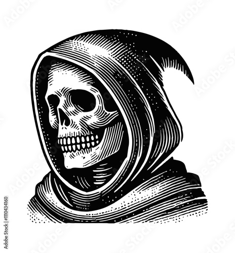 hooded skull engraving black and white outline