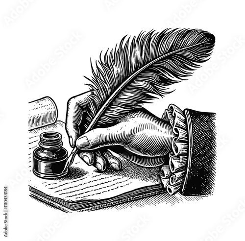 hand holding quill feather pen engraving black and white outline