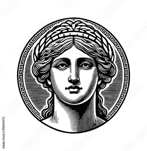 athena portrait engraving black and white outline