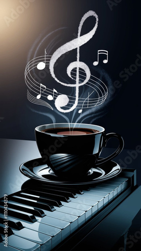 Illustration of a coffee cup on piano keys with steam coming out of the cup and musical notes escaping.