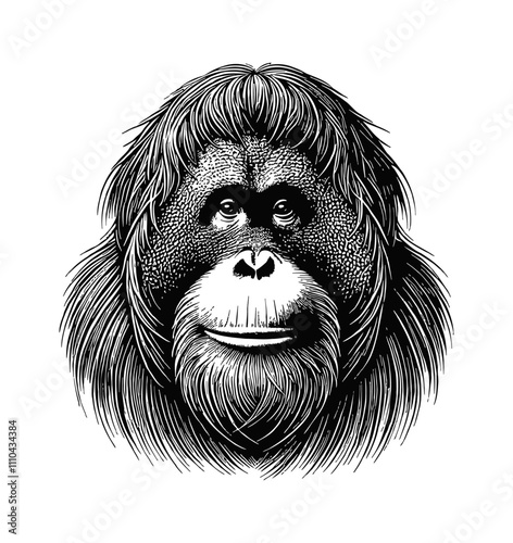 orangutan head engraving black and white outline