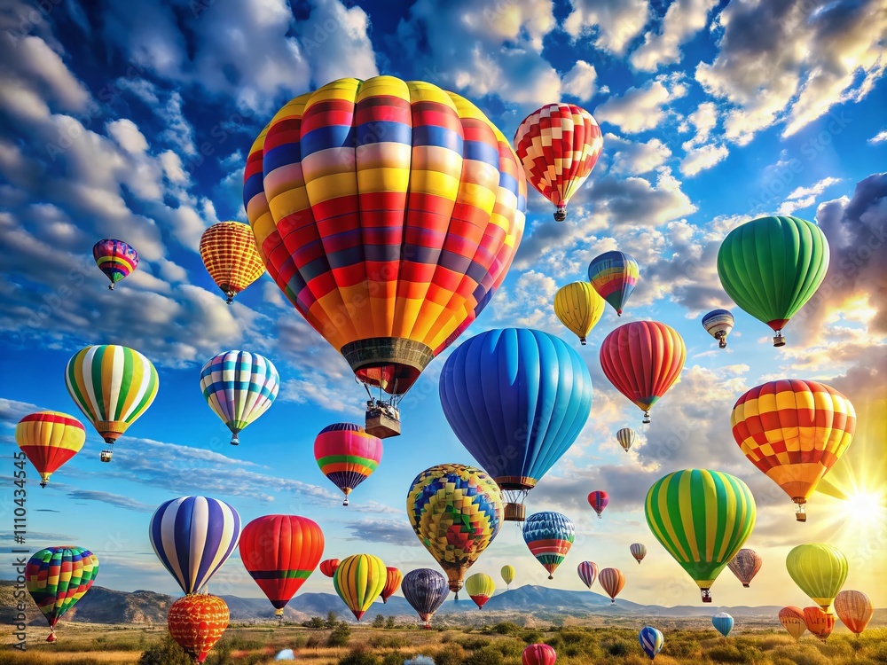 Obraz premium Vibrant Hot Air Balloons Floating Against a Clear Blue Sky: Captivating Colorful Scene for Travel and Adventure Photography