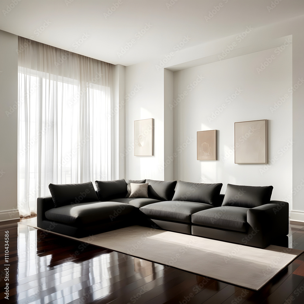 Fototapeta premium Elegant and airy modern living room interior with a sleek, low-profile, charcoal grey sectional sofa placed against a crisp white wall