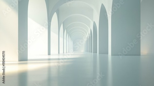A sleek, minimalist corridor featuring arches, soft lighting, and a glossy floor, creating an open and serene atmosphere.