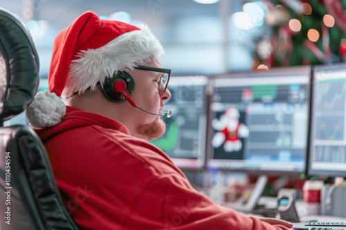 Festive Customer Support Representative in Santa Hat Using Computer During Holiday Season, Christmas, Office Concept