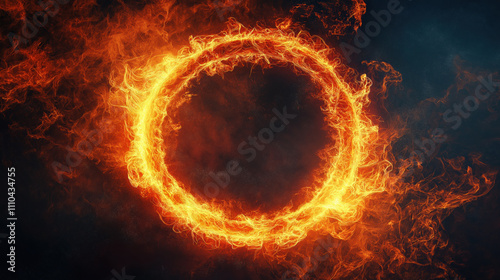 Fiery circle of flames on a dark background in vibrant digital illustration